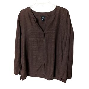 Eileen Fisher Rich Brown Linen Blend Lagenlook Button-Down Split Neck Top Large